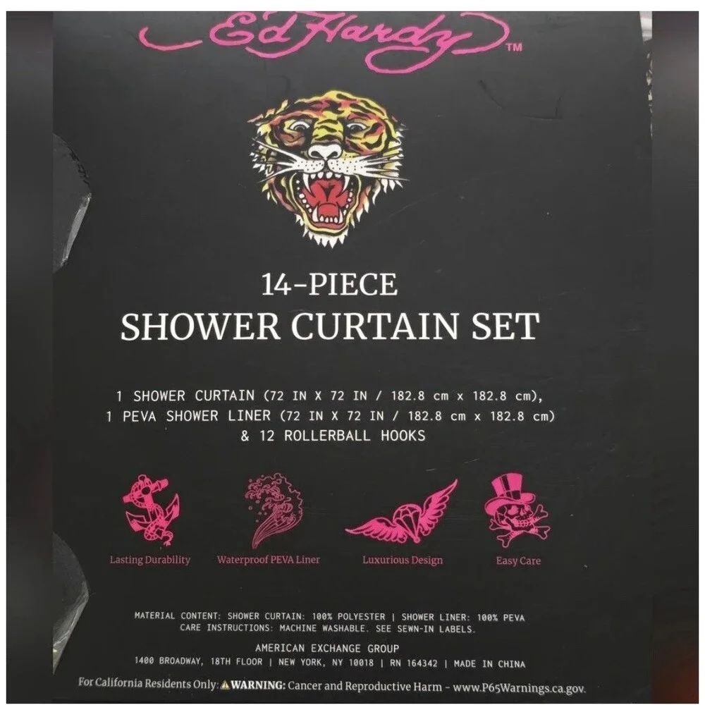 Ed Hardy 14 piece shower curtain set dragon fire roses black flames NWT gold